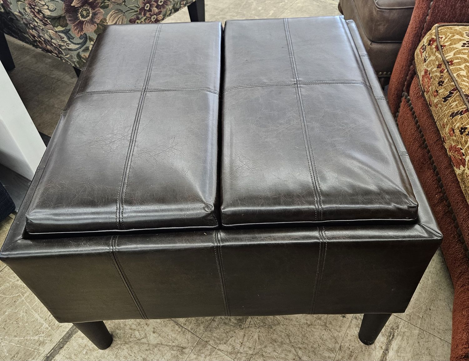 Brown Leather Storage Ottoman with Tray Tops
