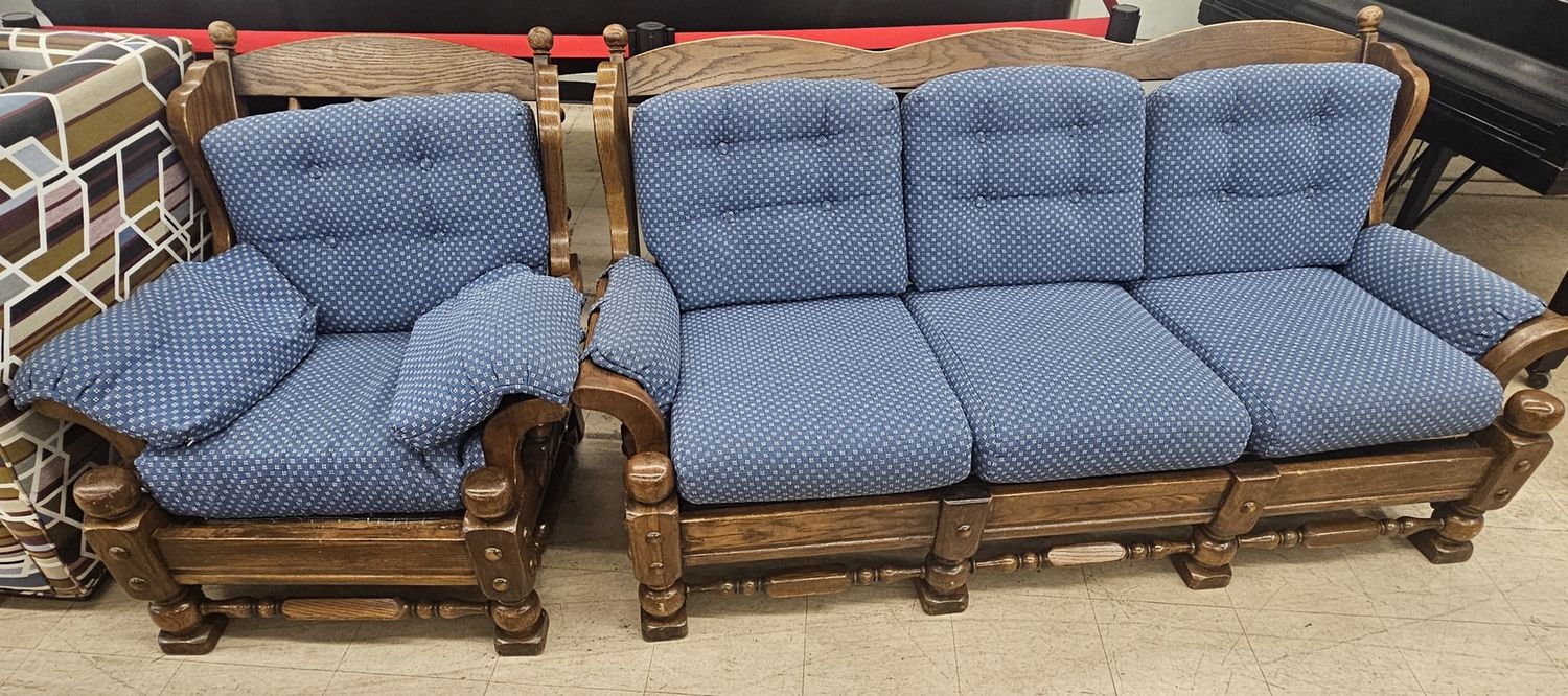 Wooden framed couch and chair