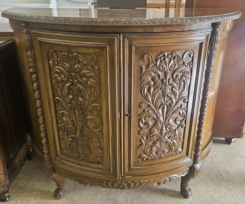 Elegant Vintage Carved Wood Demilune Cabinet