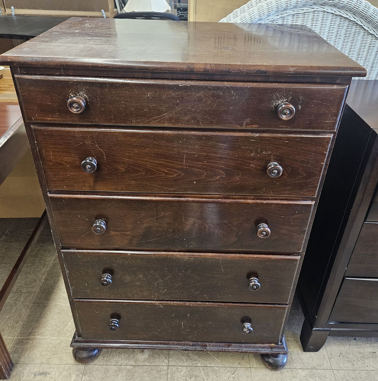 Dark wood, five-drawer dresser