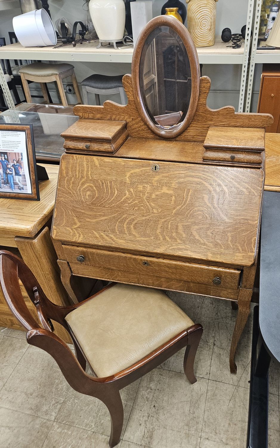 Tiger oak secretary desk with a matching chair