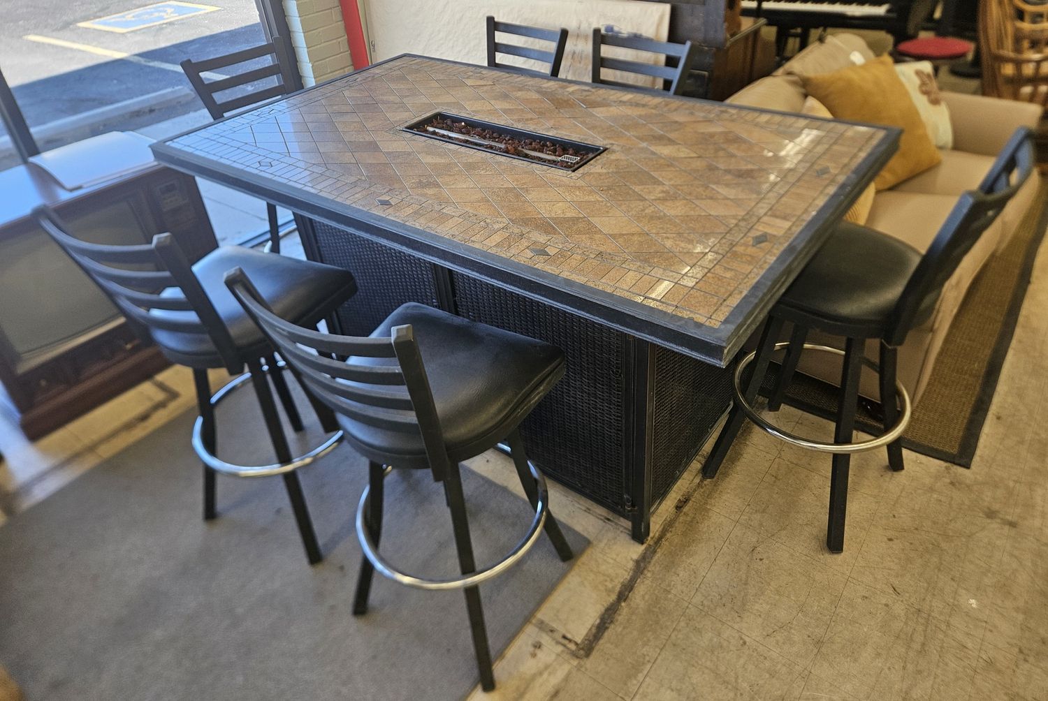Outdoor Bar Height Fire Pit Table with 6 Swivel Stools
