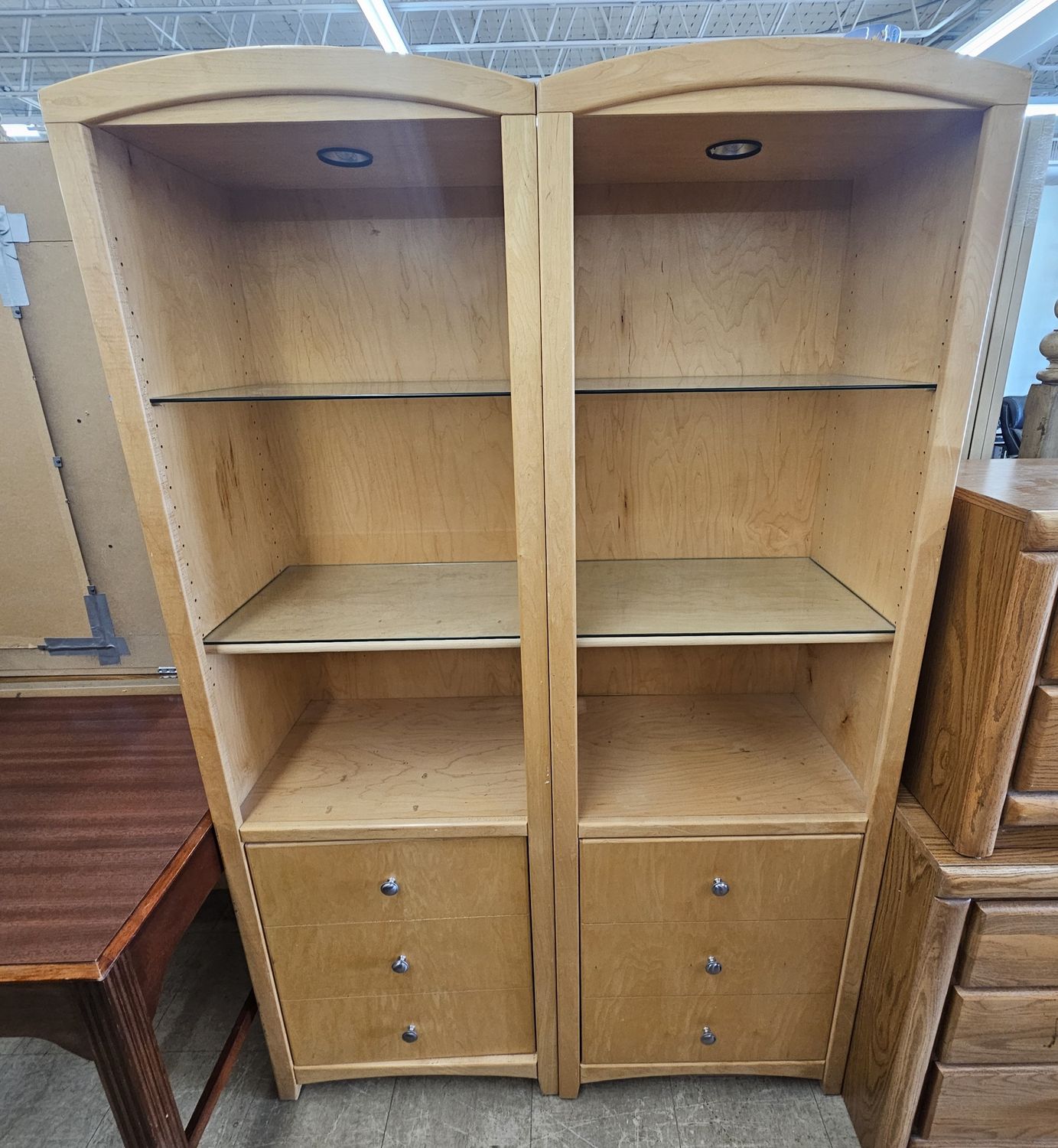 Two-piece light wood display cabinet