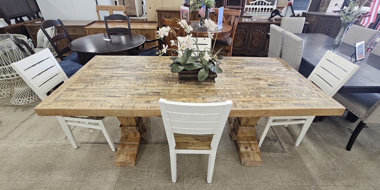 Rustic Solid Wood Dining Table with 4 White Ladder-Back Chairs