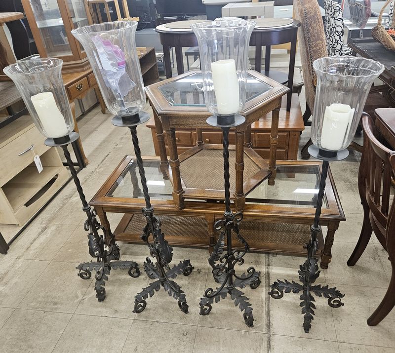 Ornate wrought iron hurricane candle holders