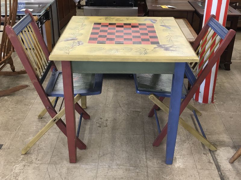 Unique Hand-Painted Game Table &amp; Chair Set
