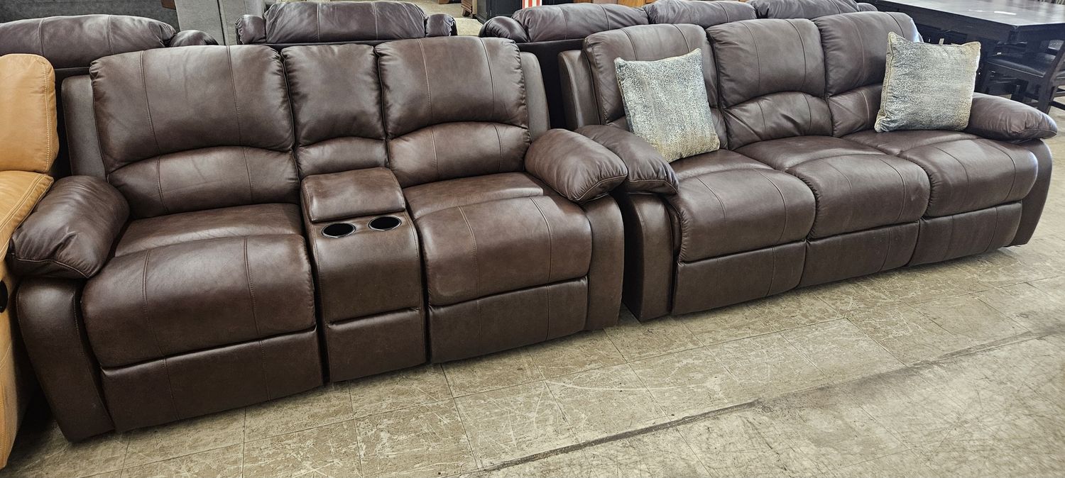 Chocolate Brown Reclining Sofa &amp; Loveseat Set – With Storage Console
