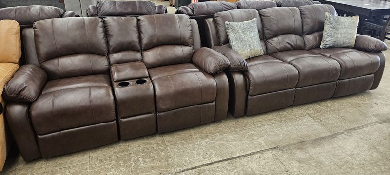 Chocolate Brown Reclining Sofa &amp; Loveseat Set – With Storage Console