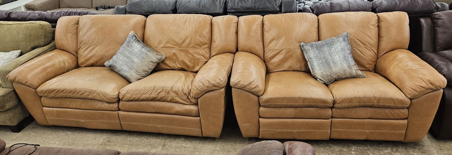 Tan Leather Reclining Sofa &amp; Loveseat Set