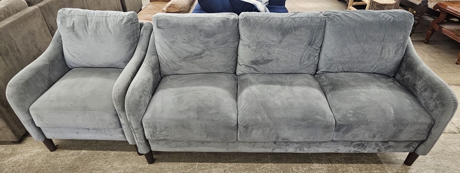 Blue microfiber sofa and matching chair set