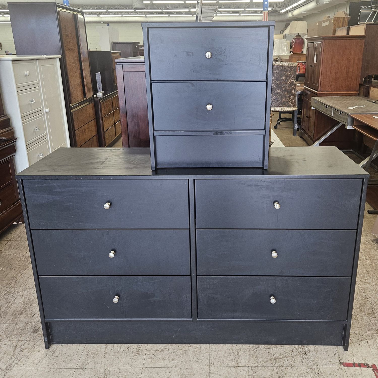 Matte black 6-drawer dresser &amp; matching 2-drawer nightstand