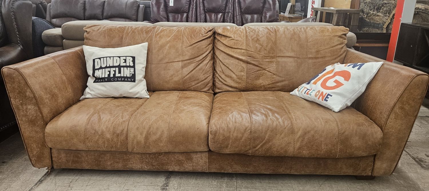 Camel-toned leather sofa