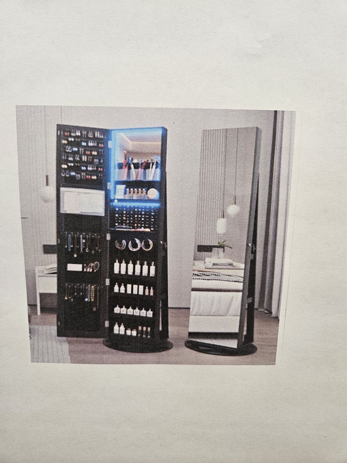 Rotating mirrored jewelry cabinet armoire