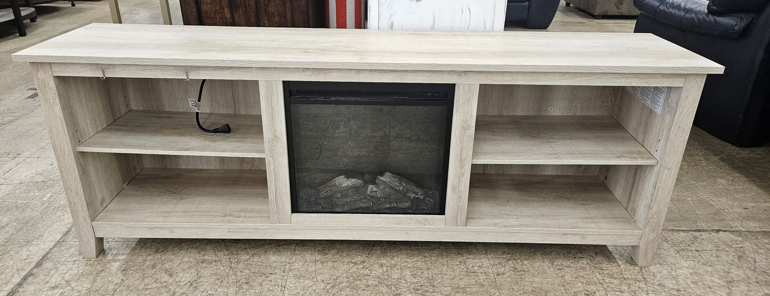 Light oak TV stand with built-in electric fireplace