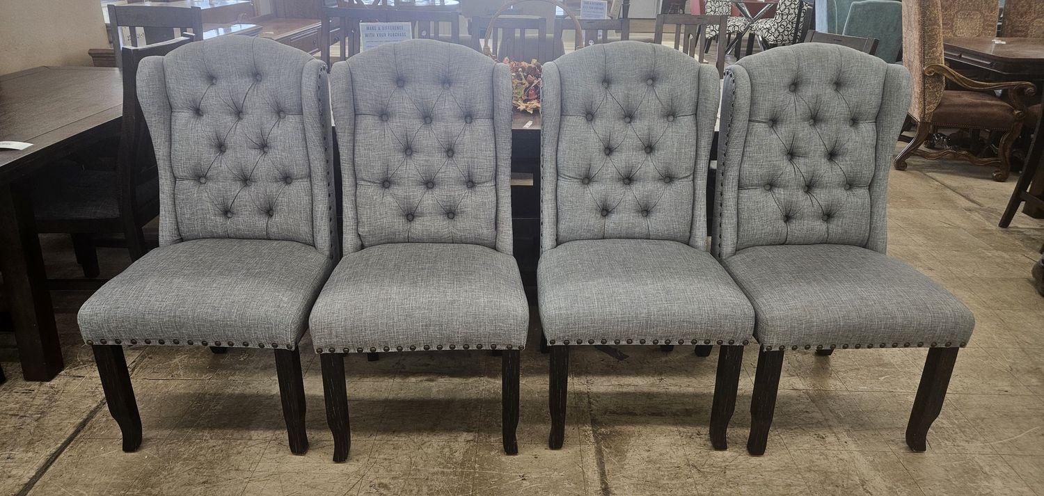 4x gray linen-style fabric dining chairs
