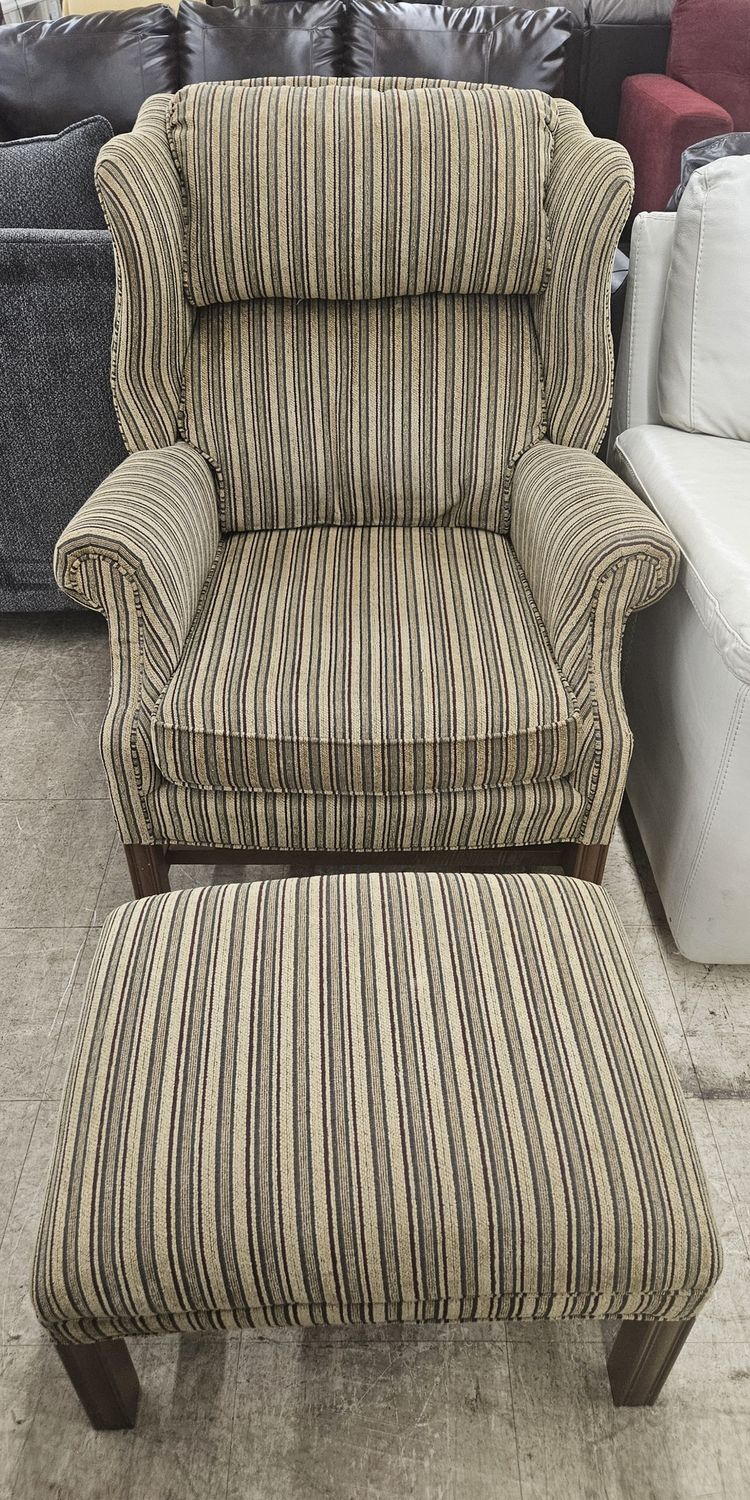 Striped wingback chair with matching ottoman