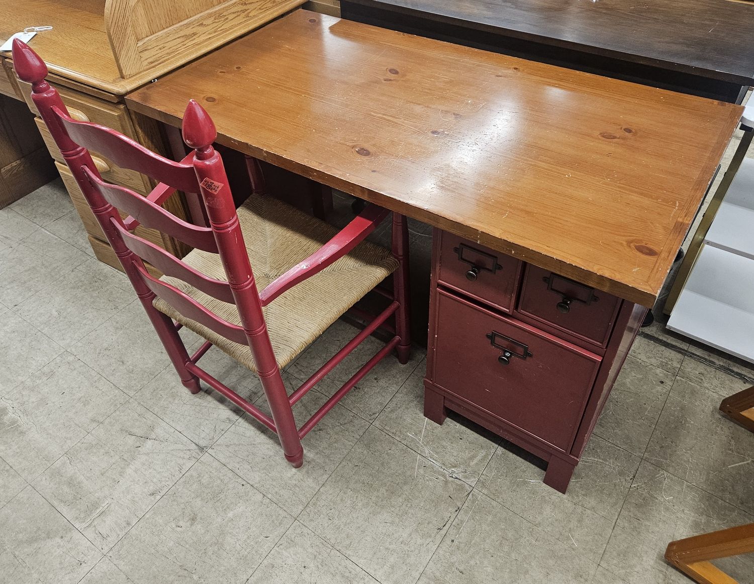 charming desk &amp; red ladder-back chair