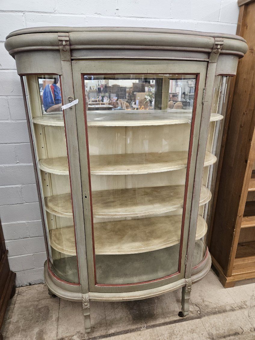 Vintage-style curved glass display cabinet