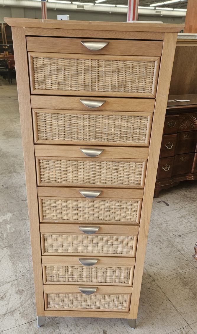 Tall wicker-front dresser
