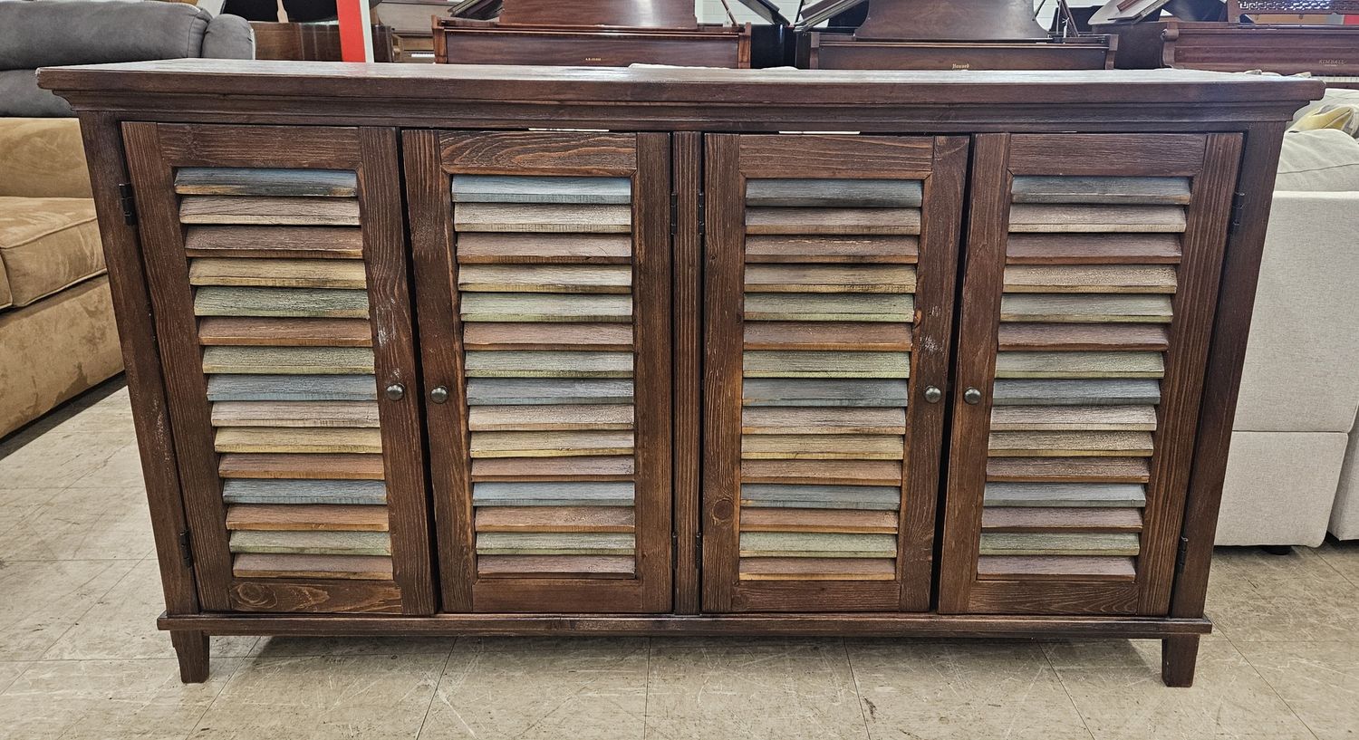 Farmhouse style multi-tone slatted wood cabinet