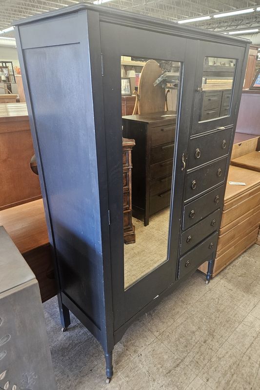 Antique Black Wardrobe Dresser with Mirror