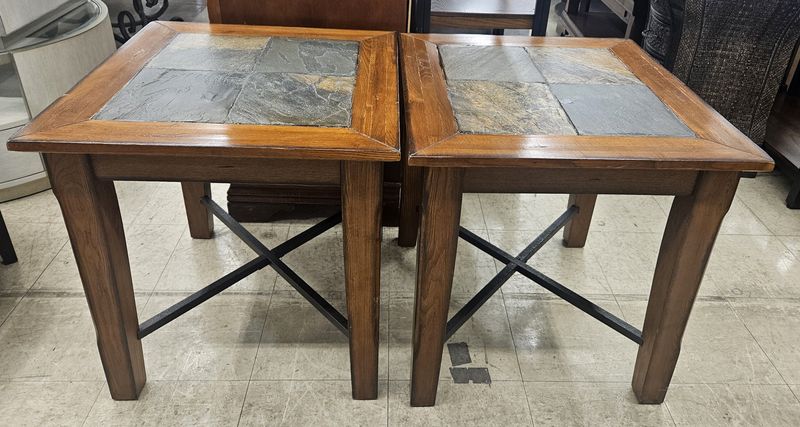Pair of Slate &amp; Wood End Tables