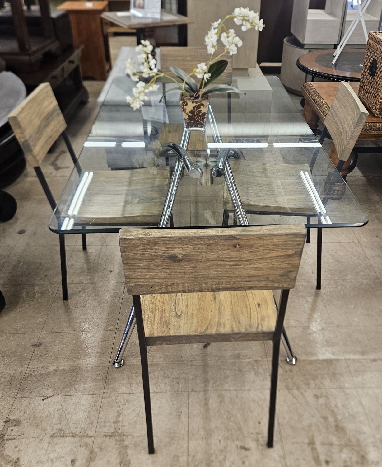 ️ Glass &amp; Wood Modern Dining Set (Table + 4 Chairs)