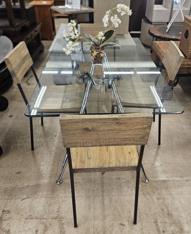 ️ Glass &amp; Wood Modern Dining Set (Table + 4 Chairs)