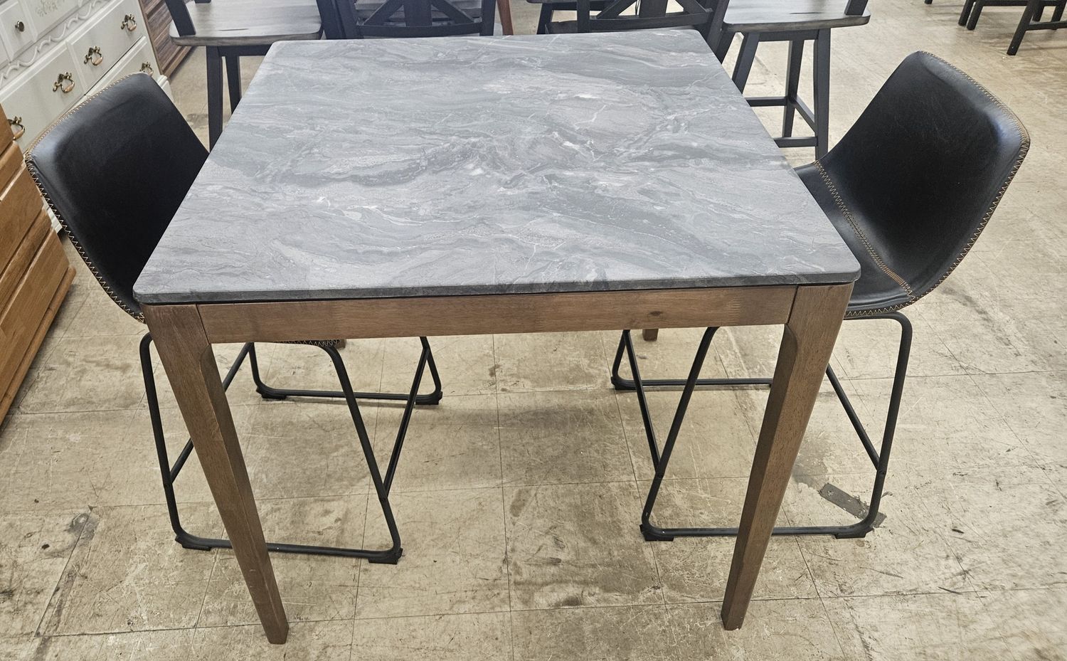 Modern Industrial Bistro Table with Marble-Look Top and Leather Stools