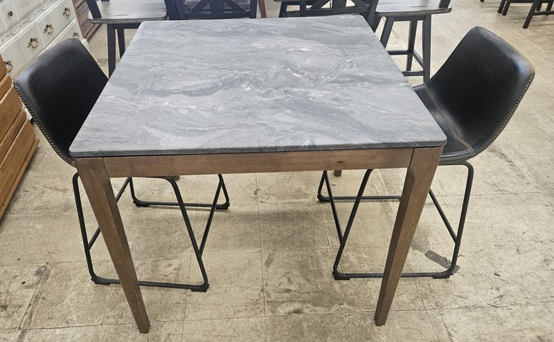 Modern Industrial Bistro Table with Marble-Look Top and Leather Stools