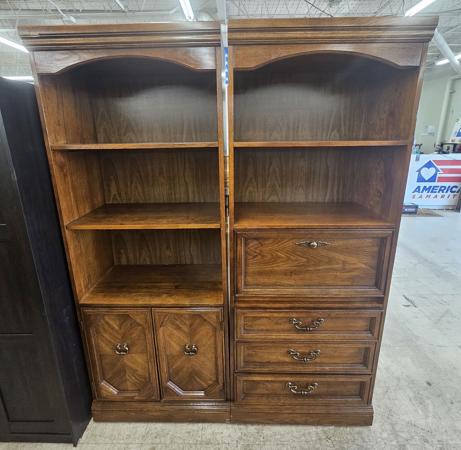 Vintage Oak Two-Piece Bookcase Cabinet Set