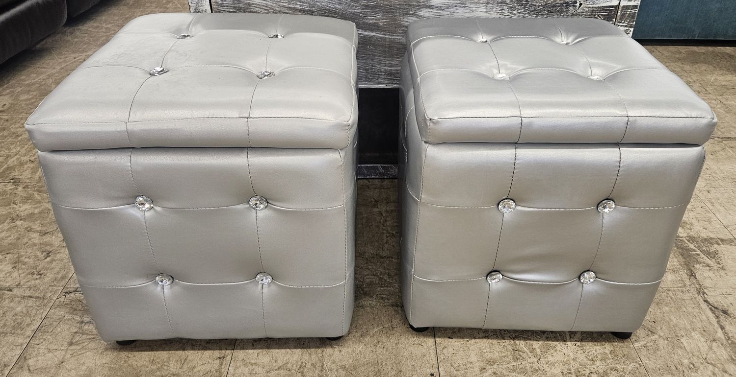 Pair of Silver Storage Ottomans