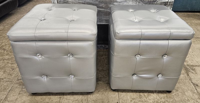 Pair of Silver Storage Ottomans