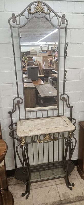 European Estate Marble-Top Console with Ornate Iron Mirror