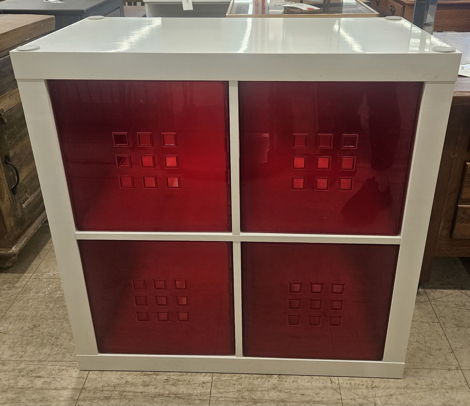Modern 4-Cube Storage Cabinet with Red Acrylic Bins
