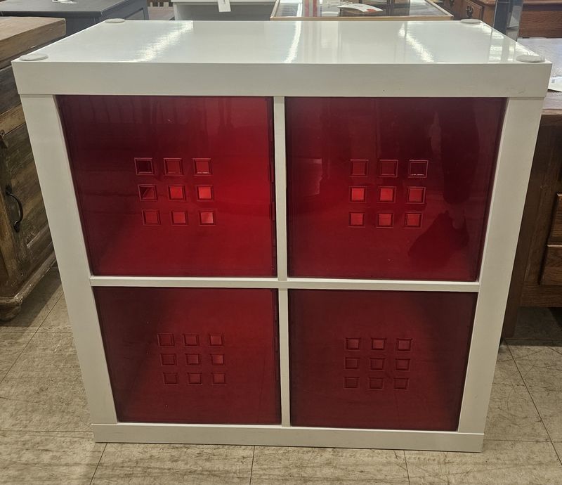 Modern 4-Cube Storage Cabinet with Red Acrylic Bins