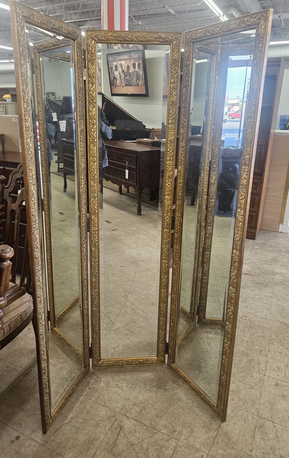 Ornate Gold Folding Mirror Screen (Tri-Panel)
