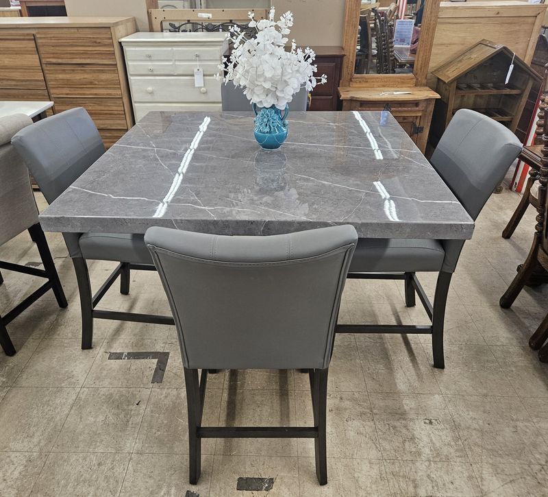 Modern Gray Marble-Look Counter-Height Dining Table with 4 Upholstered Chairs