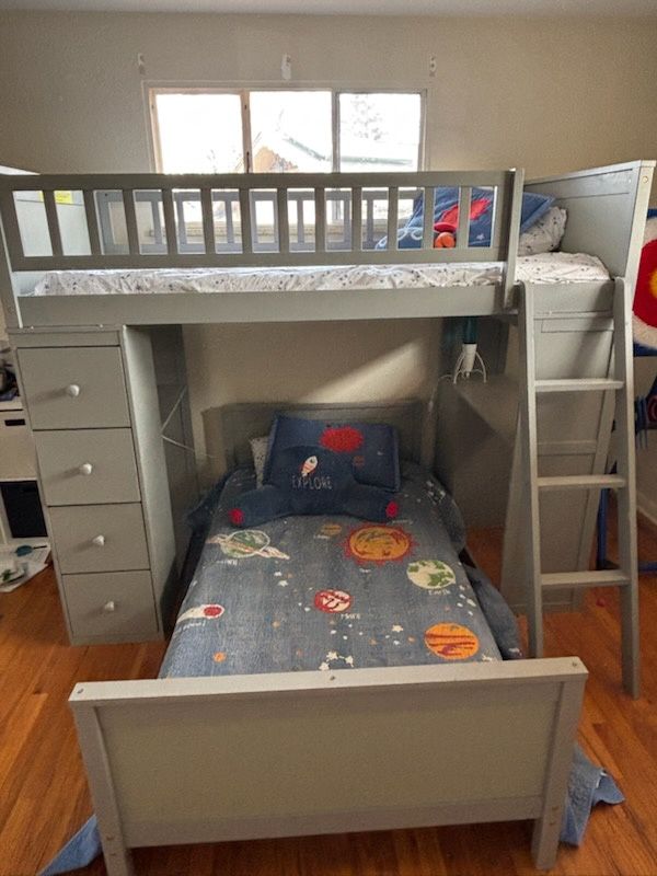 Gray Twin Loft Bed with Built-In Desk, Storage Drawers &amp; Ladder