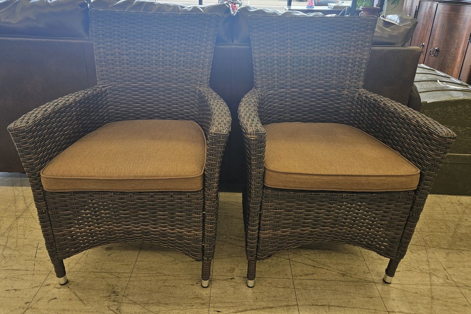 Gray Resin Wicker Arm Chairs with Seat Cushions – Set of 2