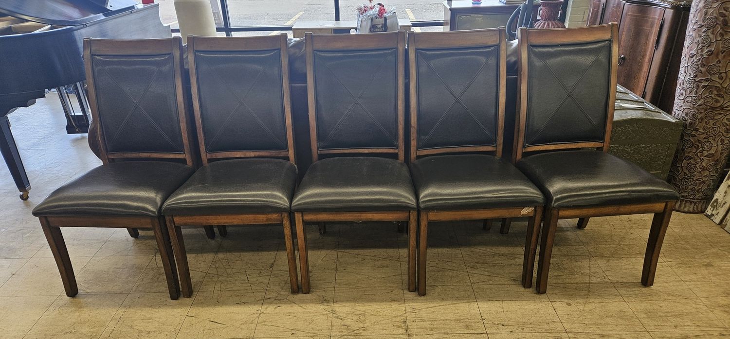 Wood Dining Chairs with Black Leather Upholstery