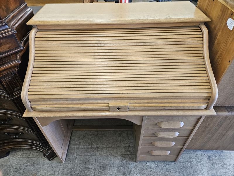 Classic Oak Roll-Top Writing Desk with Stool