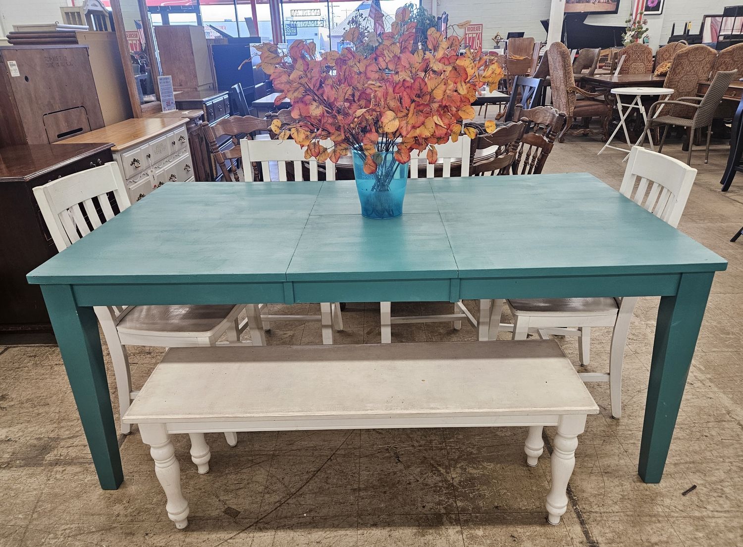 Teal Farmhouse Dining Table with Chairs &amp; Bench - FREE DELIVERY