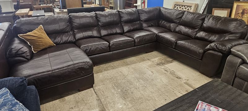 Brown Leather L-Shaped Sectional Sofa - FREE DELIVERY