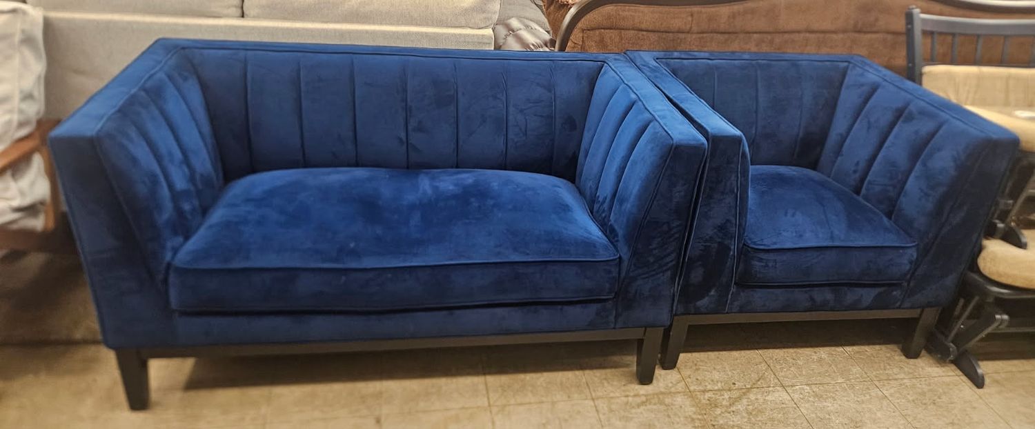 Royal Blue Velvet Modern Sofa &amp; Lounge Chair Set - FREE DELIVERY