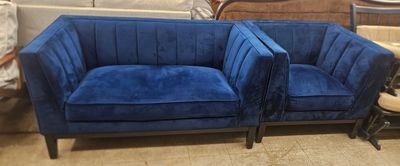 Royal Blue Velvet Modern Sofa & Lounge Chair Set - FREE DELIVERY