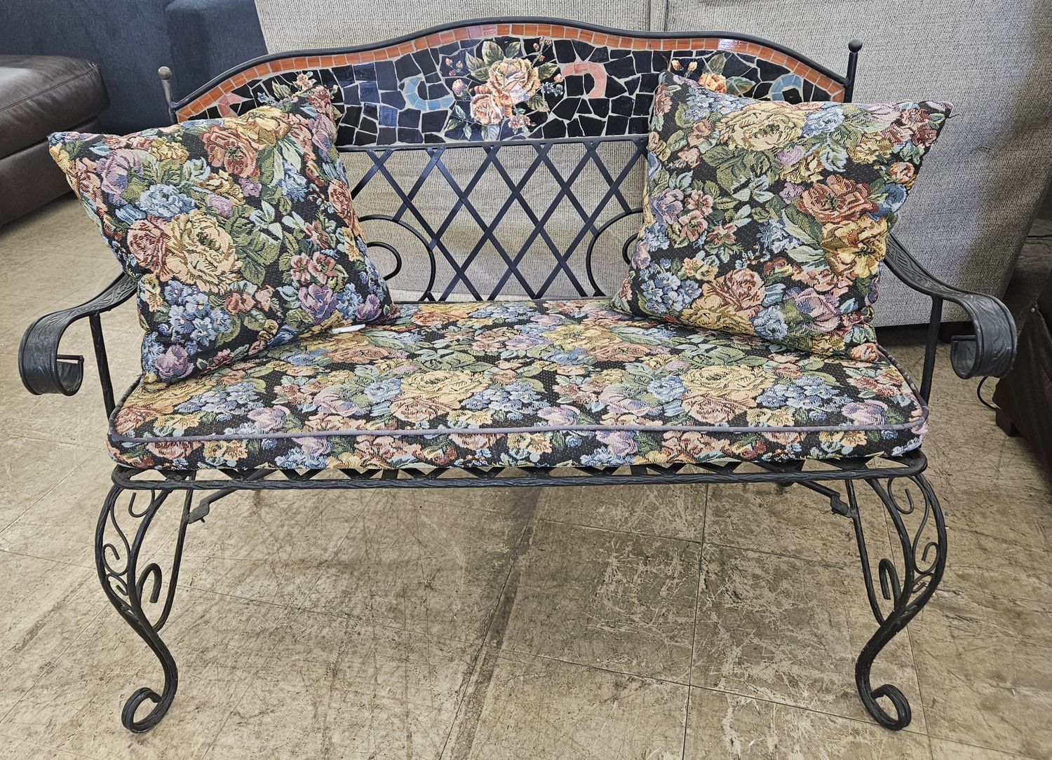 Wrought Iron Mosaic Garden Loveseat with Cushions