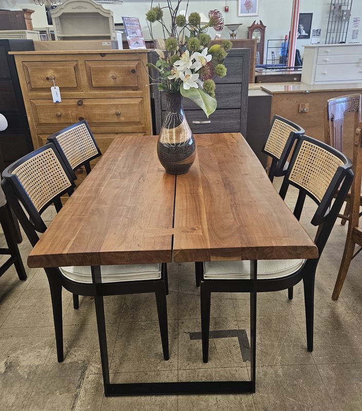 Crate &amp; Barrel Yukon 80" Warm Acacia Live Edge Table + Libby Black Wood &amp; Natural Cane Chairs — Complete Dining Set