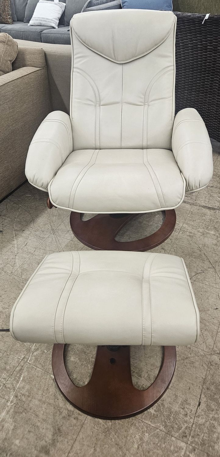 Benchmaster Swivel Recliner with Ottoman – Cream Upholstery &amp; Wood Base - FREE DELIVERY
