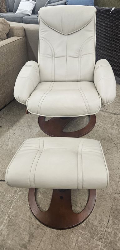Benchmaster Swivel Recliner with Ottoman – Cream Upholstery &amp; Wood Base - FREE DELIVERY